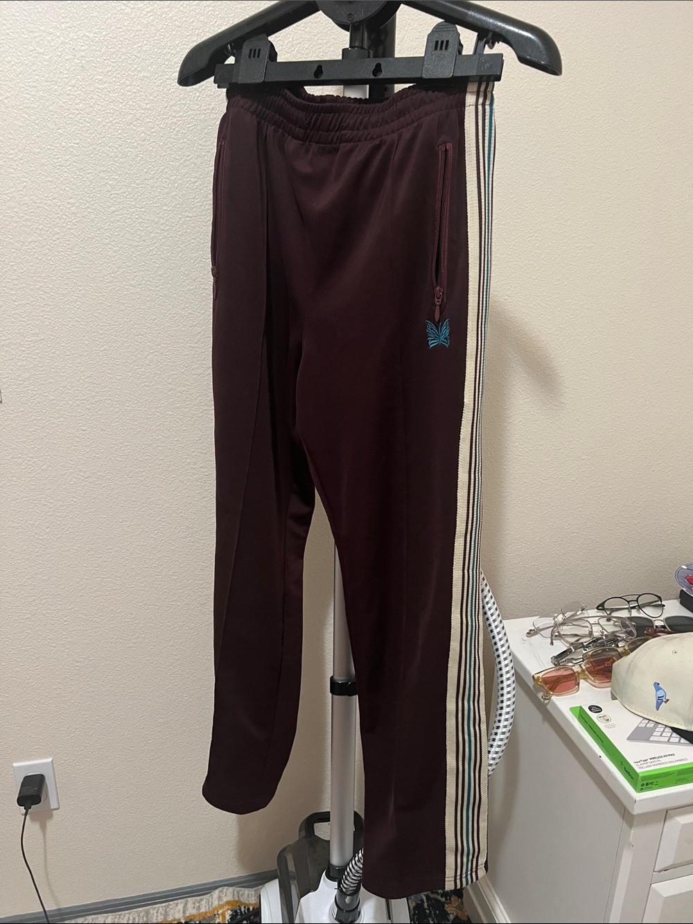 Needles Burgundy Sweatpants with Cream & Teal Side Stripe